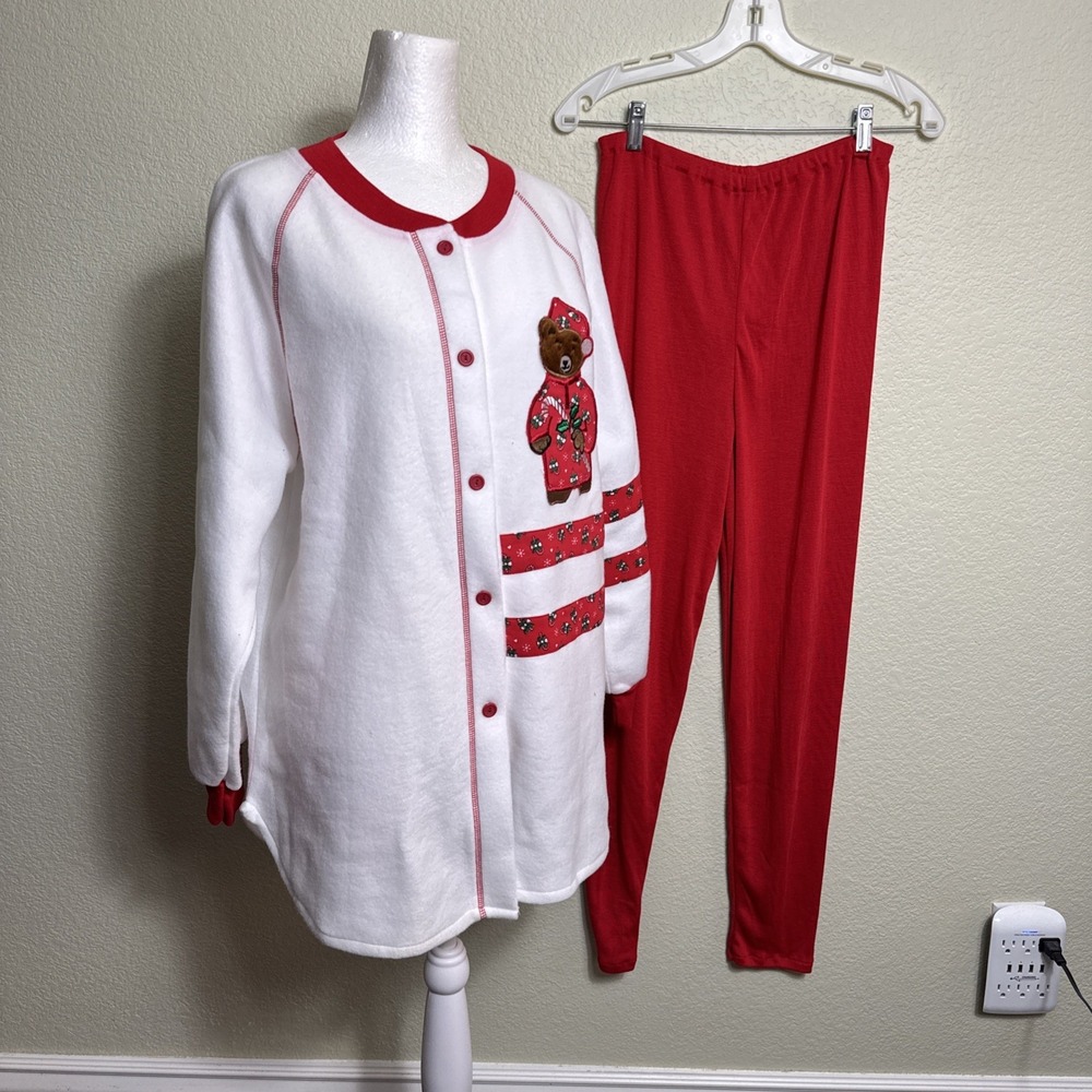 Apostrophe‎ Pajamas Women M Red White Teddy Bear Fleece 2 Piece Button Up PJ Set